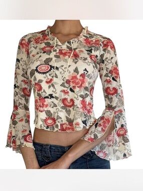 Floral Lace Ruffle Tie-Neck Top in Ivory and Red